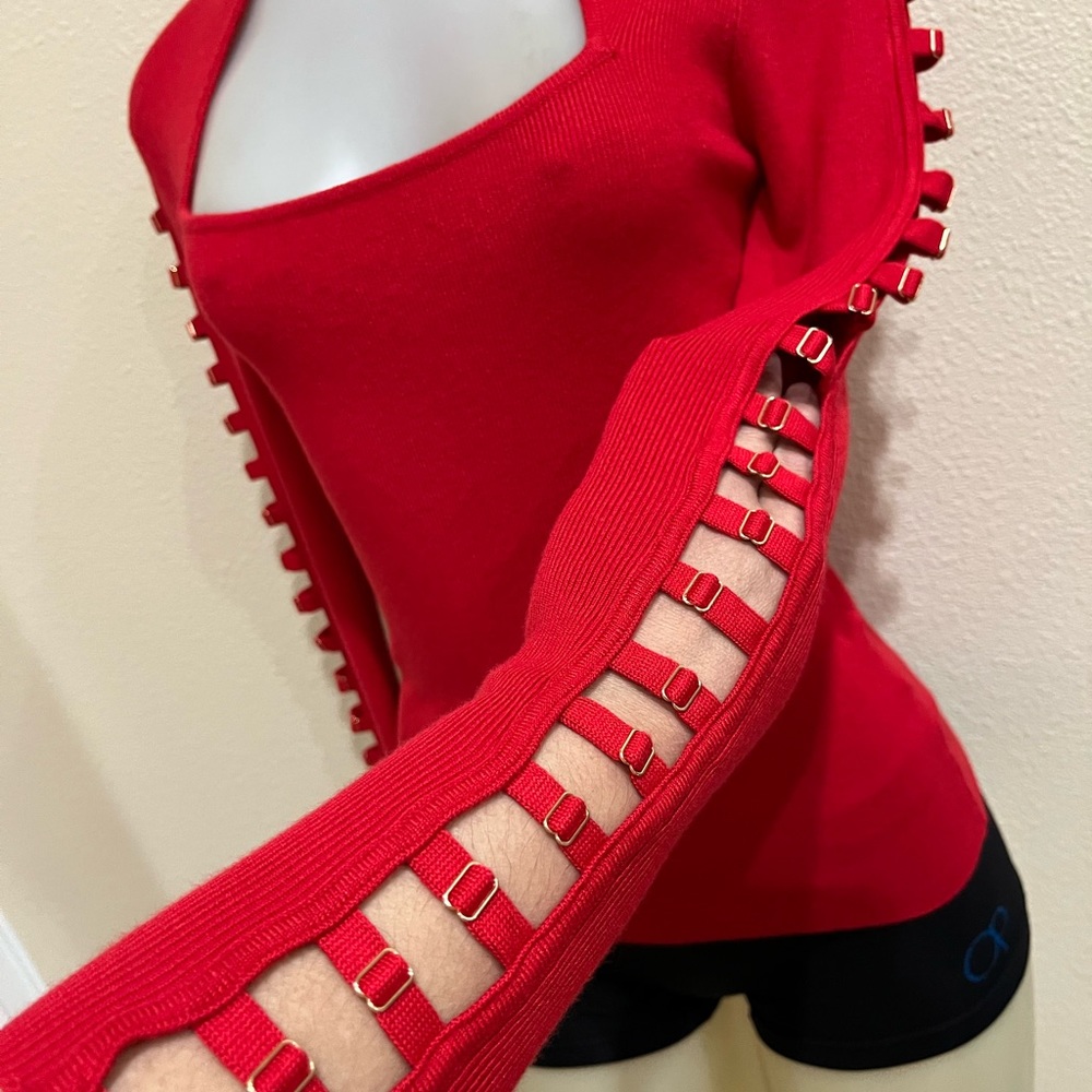 GUESS NEW High Neck Sweater. Cut out details on sleeves. Scarlett Red NWT - Picture 4 of 8